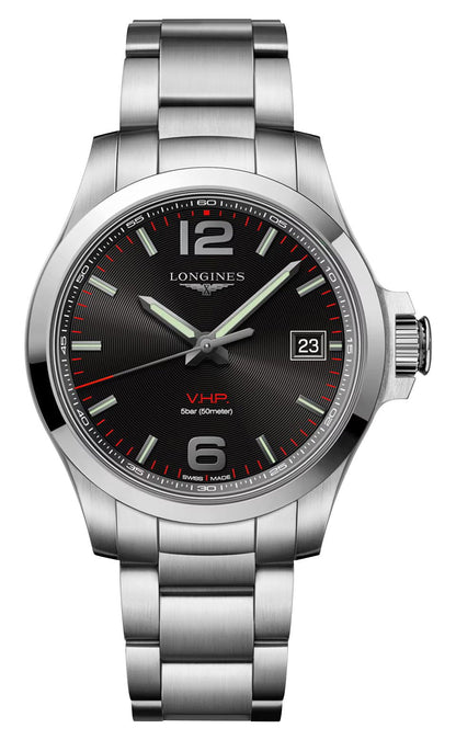 Longines Conquest V.H.P. Stainless Steel Black Dial Perpetual Calendar Date Quartz Mens Watch L3.716.4.56.6