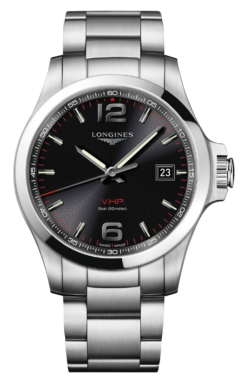 Longines Conquest V.H.P. Stainless Steel Black Dial Perpetual Calendar Date Quartz Mens Watch L3.726.4.56.6