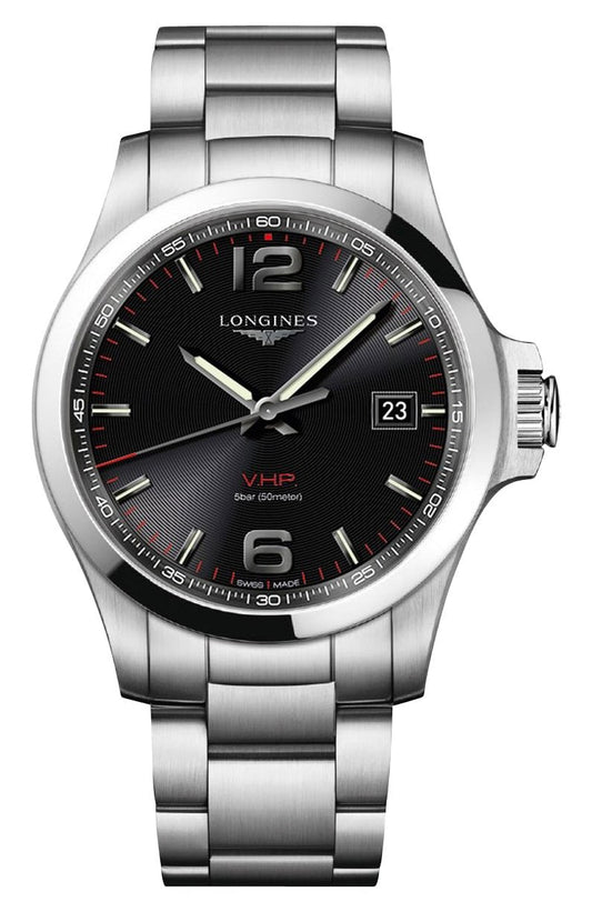 Longines Conquest V.H.P. Stainless Steel Black Dial Perpetual Calendar Date Quartz Mens Watch L3.726.4.56.6