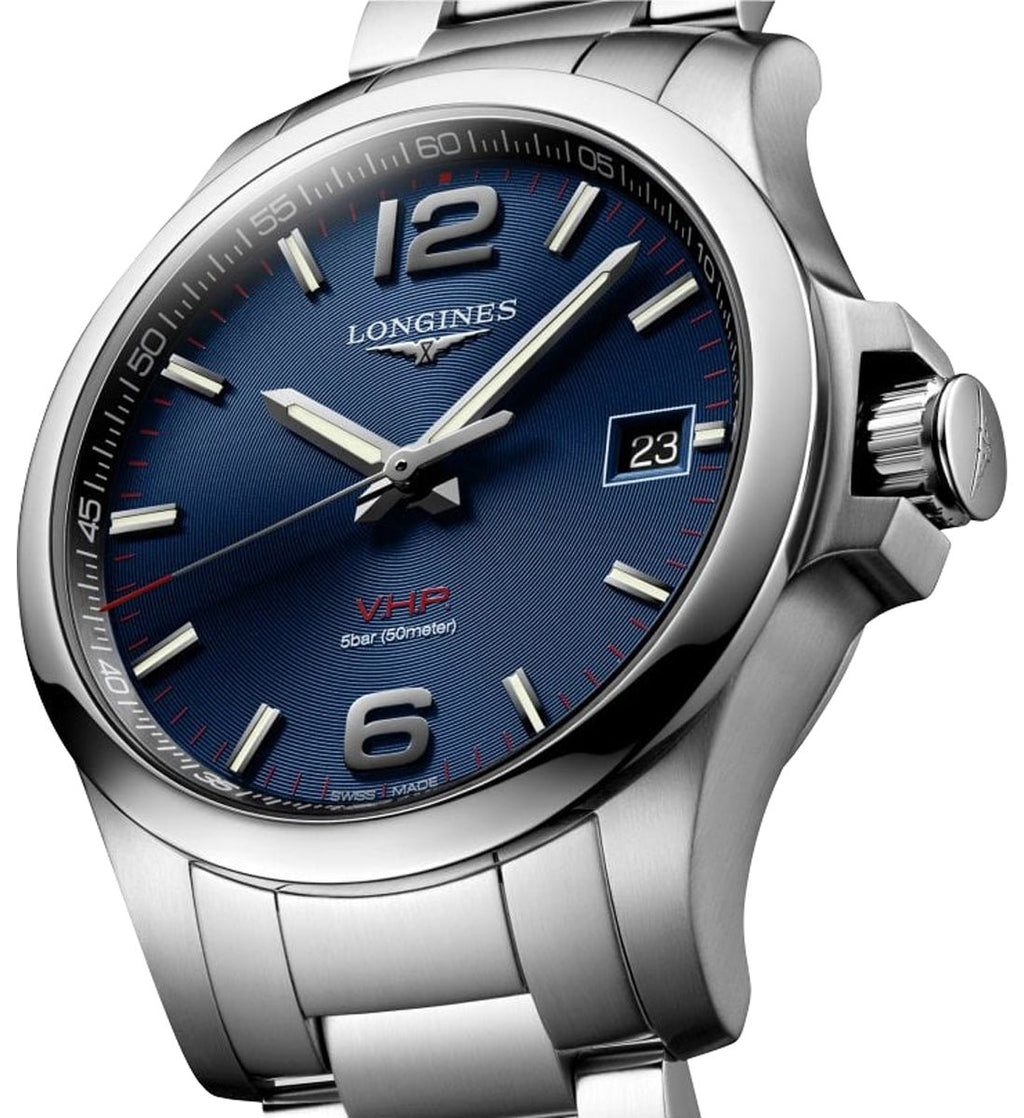 Longines Conquest V.H.P. Stainless Steel Blue Dial Perpetual Calendar Date Quartz Mens Watch L3.716.4.96.6