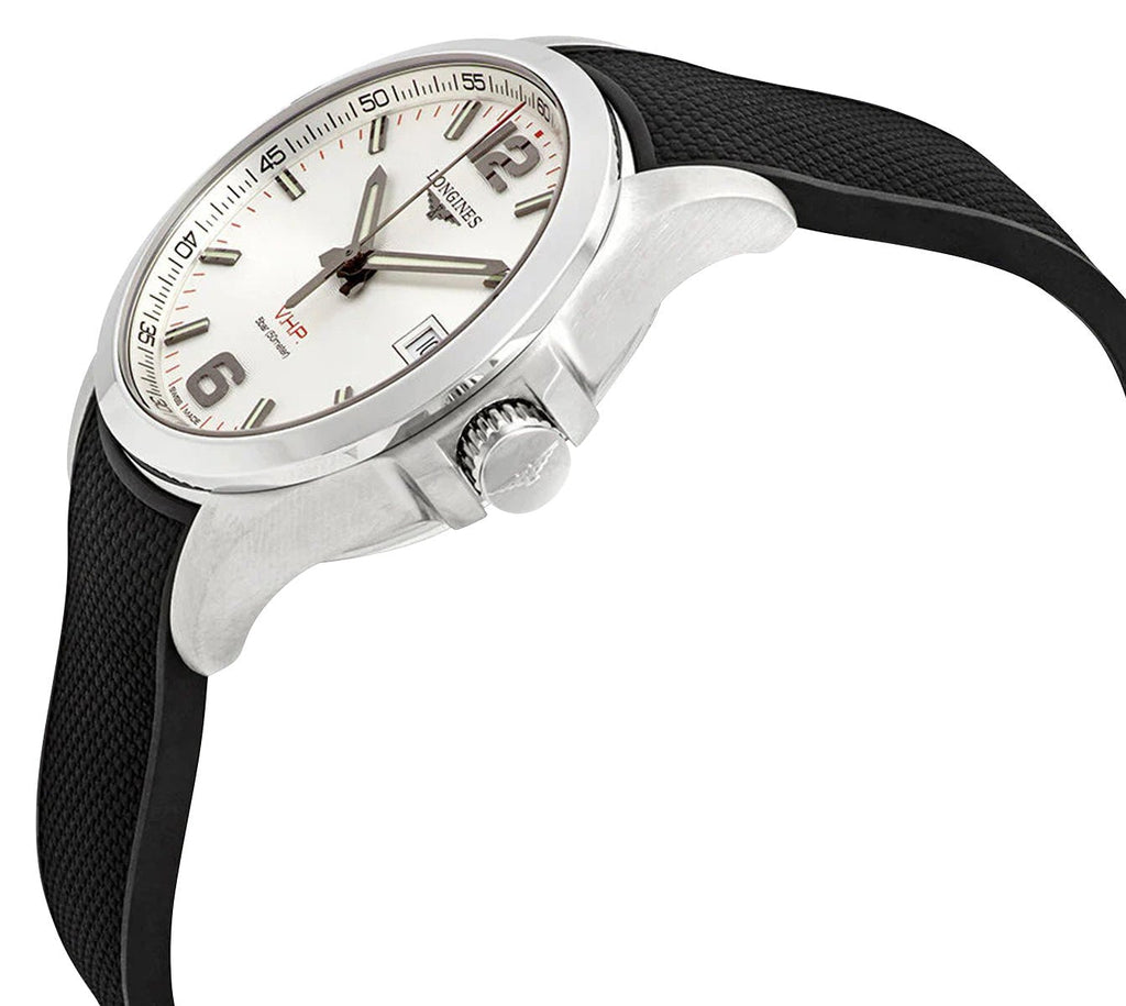 Longines Conquest V.H.P. Stainless Steel Silver Dial Black Rubber Strap Perpetual Calendar Date Quartz Mens Watch L3.716.4.76.9