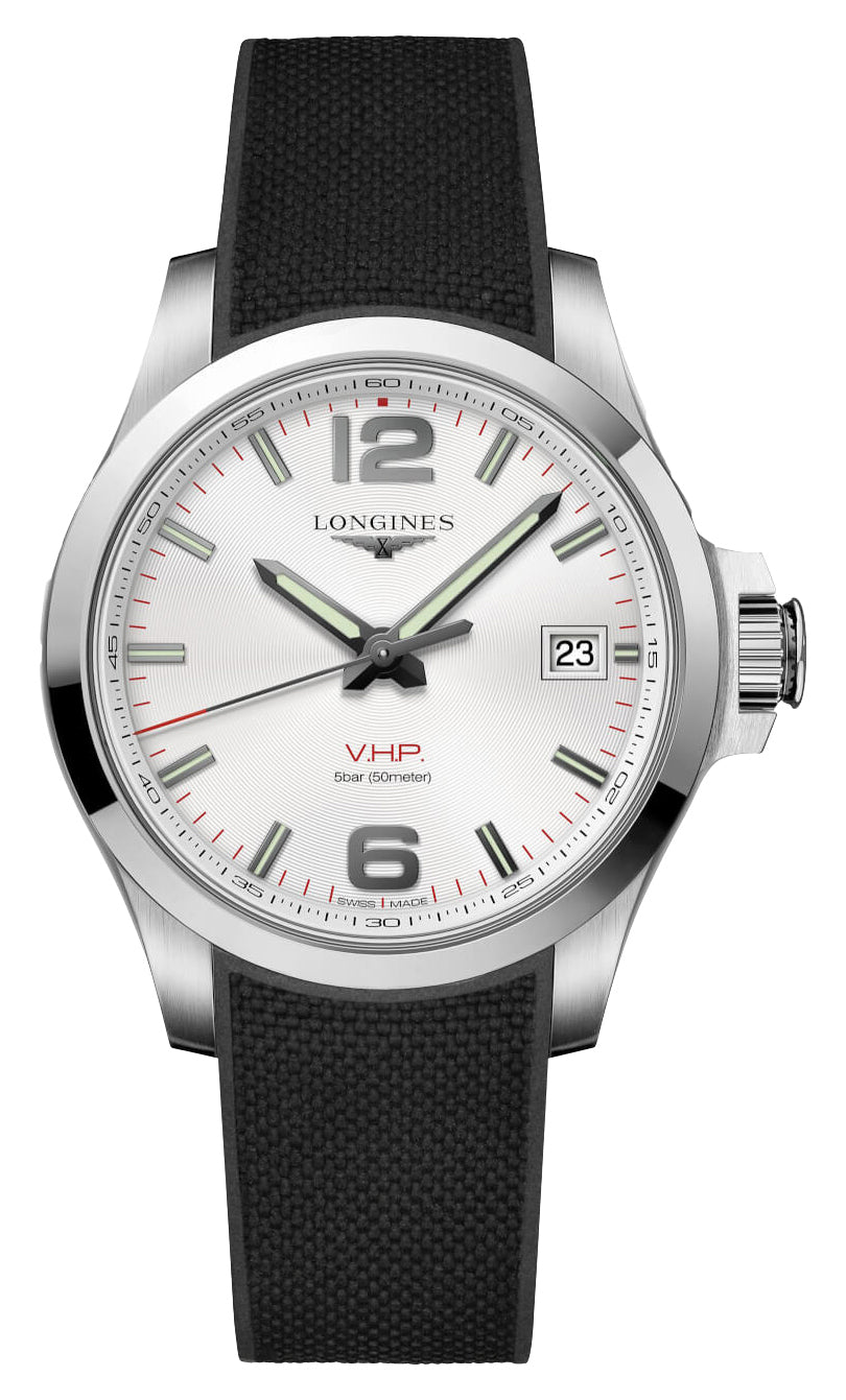 Longines Conquest V.H.P. Stainless Steel Silver Dial Black Rubber Strap Perpetual Calendar Date Quartz Mens Watch L3.716.4.76.9