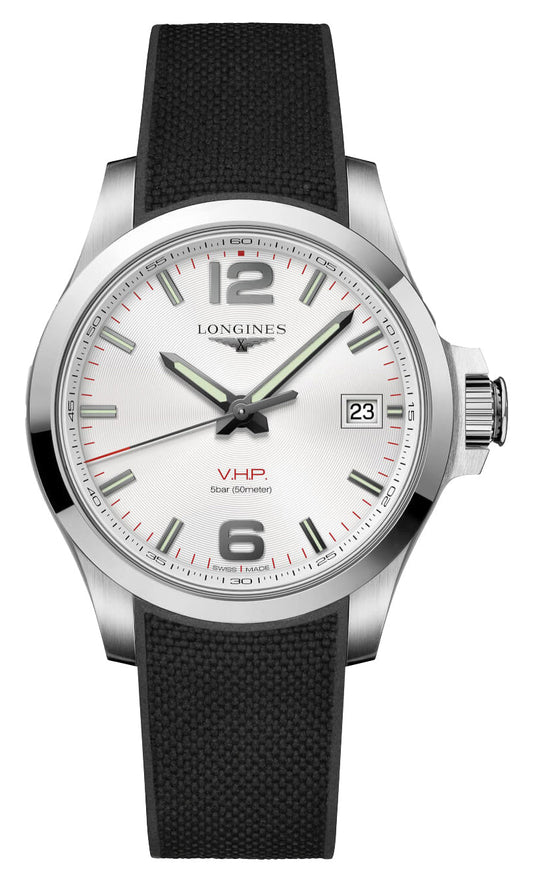 Longines Conquest V.H.P. Stainless Steel Silver Dial Black Rubber Strap Perpetual Calendar Date Quartz Mens Watch L3.716.4.76.9
