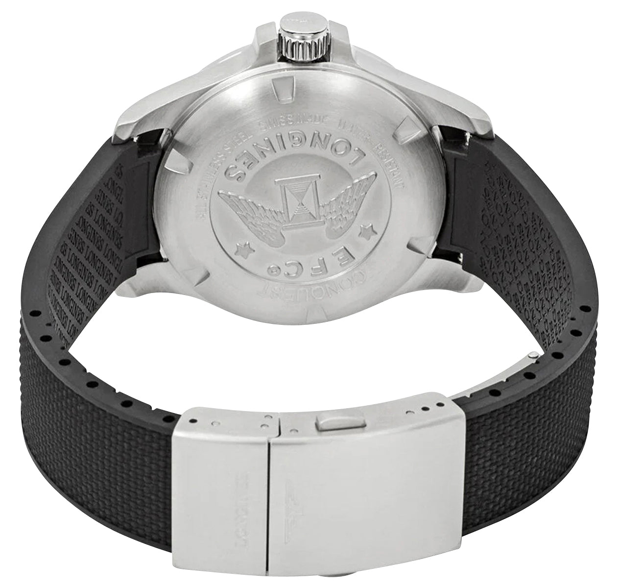 Longines Conquest V.H.P. Stainless Steel Silver Dial Black Rubber Strap Perpetual Calendar Date Quartz Mens Watch L3.716.4.76.9