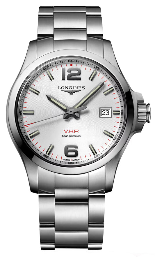 Longines Conquest V.H.P. Stainless Steel Silver Dial Perpetual Calendar Date Quartz Mens Watch L3.726.4.76.6