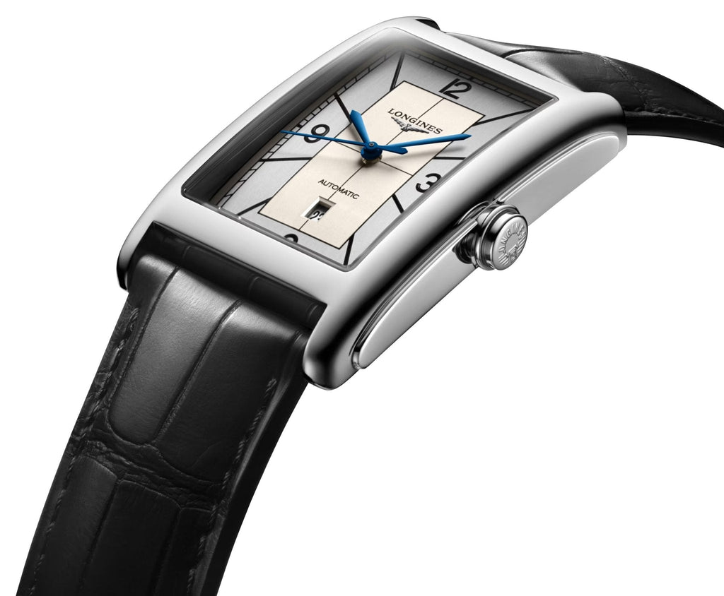 Longines DolceVita Automatic Stainless Steel Silver Dial Black Leather Strap Date Mens Watch L5.767.4.73.0