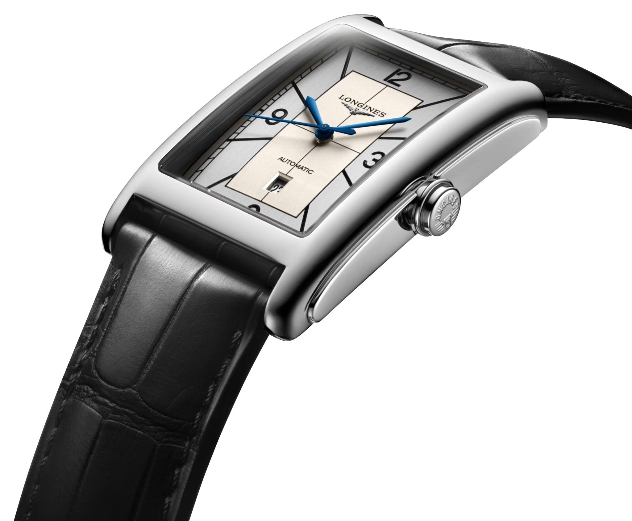 Longines DolceVita Automatic Stainless Steel Silver Dial Black Leather Strap Date Mens Watch L5.767.4.73.0