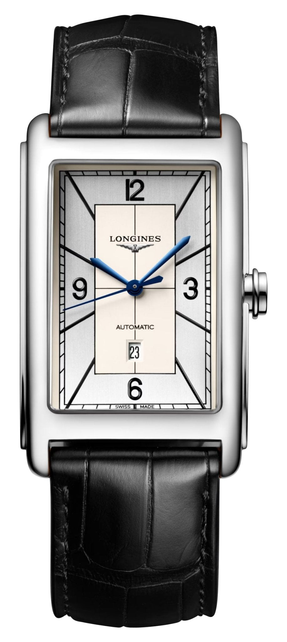 Longines DolceVita Automatic Stainless Steel Silver Dial Black Leather Strap Date Mens Watch L5.767.4.73.0