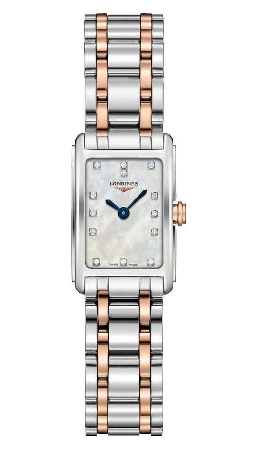 Longines DolceVita Stainless Steel & Rose Gold Mother-Of-Pearl Dial Diamonds Rectangle Quartz Womens Watch L5.258.5.87.7