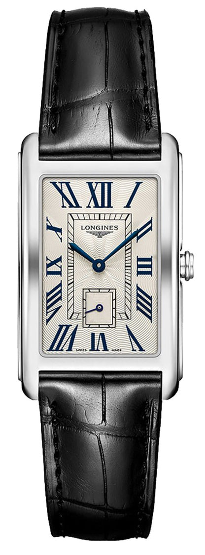 Longines DolceVita Stainless Steel Silver Dial Black Leather Strap Quartz Womens Watch L5.755.4.71.1