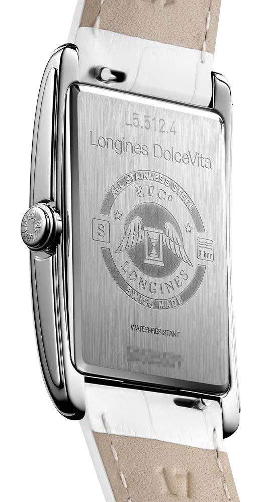 Longines DolceVita Stainless Steel Silver Dial White Leather Strap Quartz Womens Watch L5.512.4.71.2