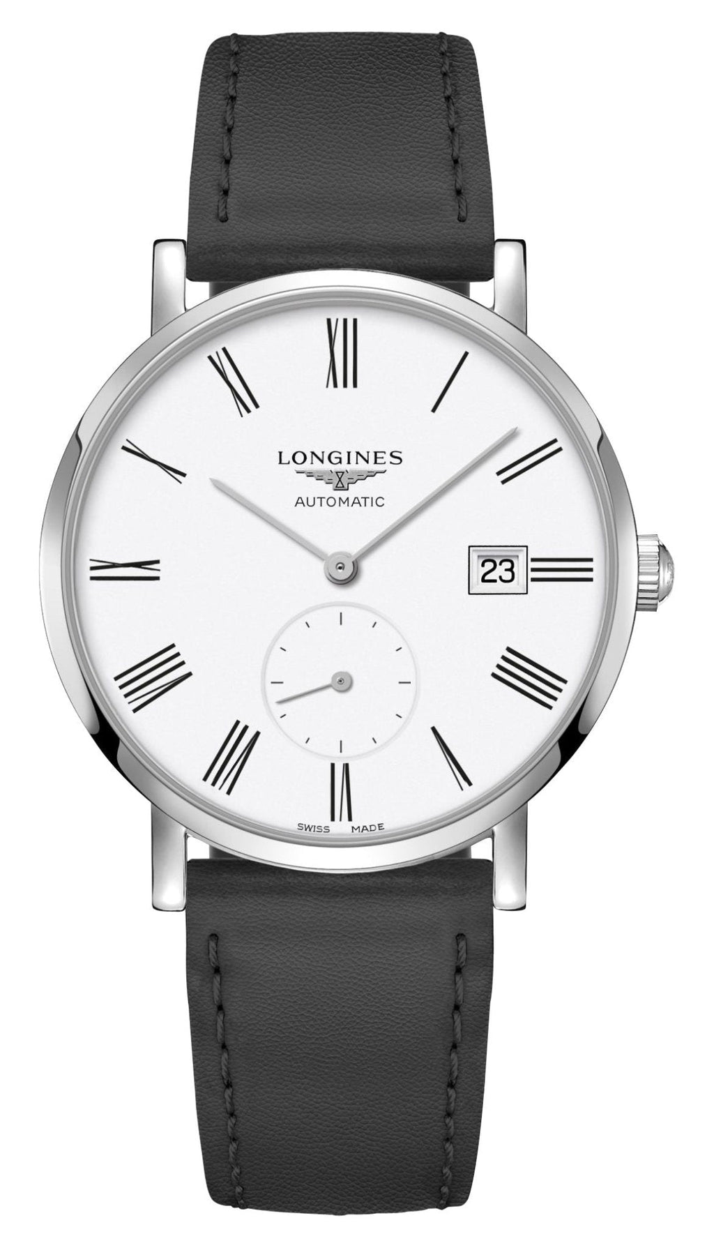 Longines Elegant Automatic Stainless Steel White Dial Black Leather Strap Date Unisex Watch L4.812.4.11.0