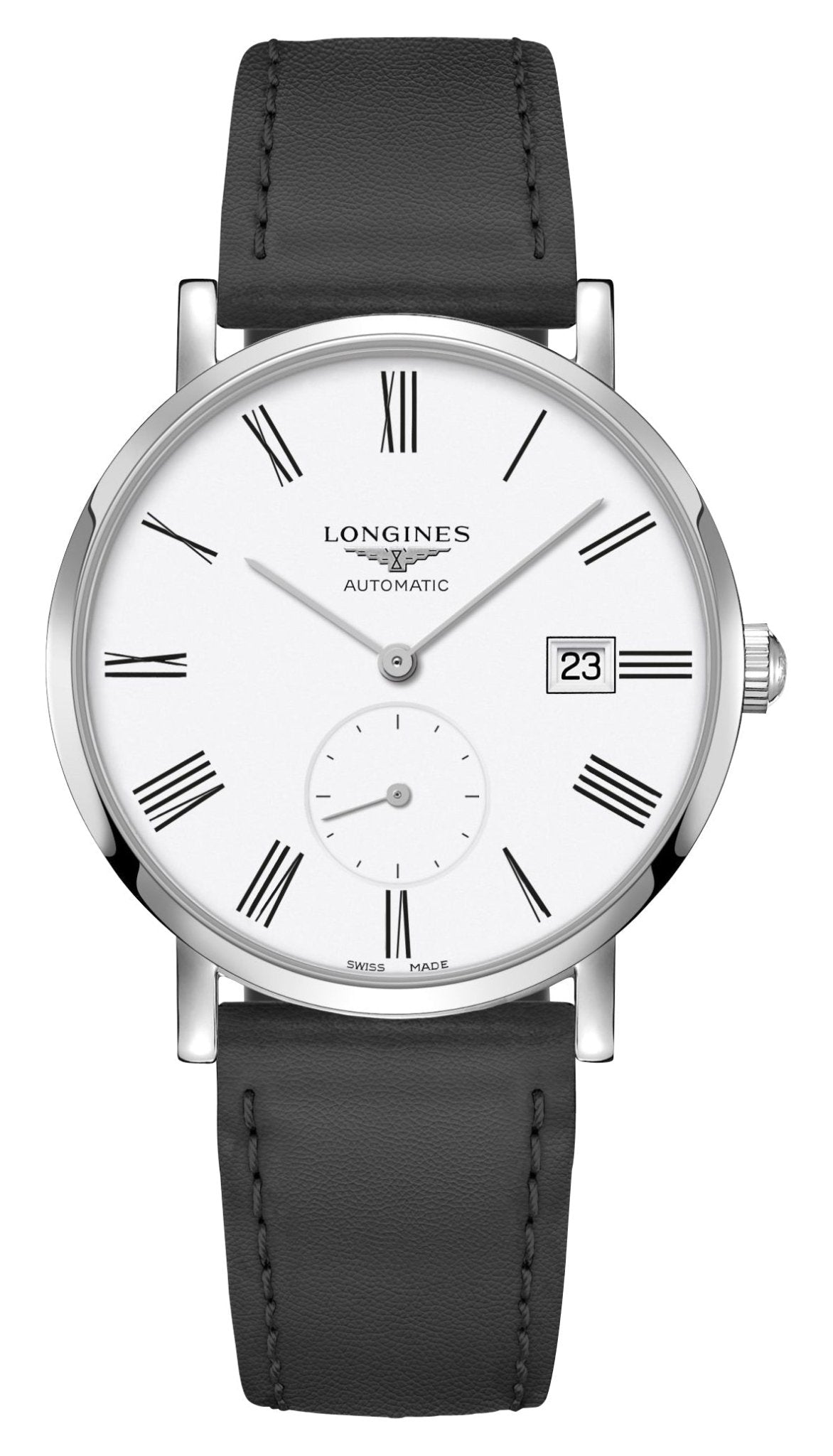 Longines Elegant Automatic Stainless Steel White Dial Black Leather Strap Date Unisex Watch L4.812.4.11.0