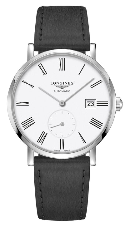 Longines Elegant Automatic Stainless Steel White Dial Black Leather Strap Date Unisex Watch L4.812.4.11.0