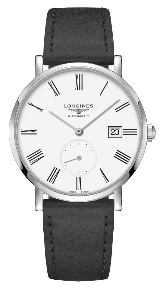 Longines Elegant Automatic Stainless Steel White Dial Black Leather Strap Date Unisex Watch L4.812.4.11.0