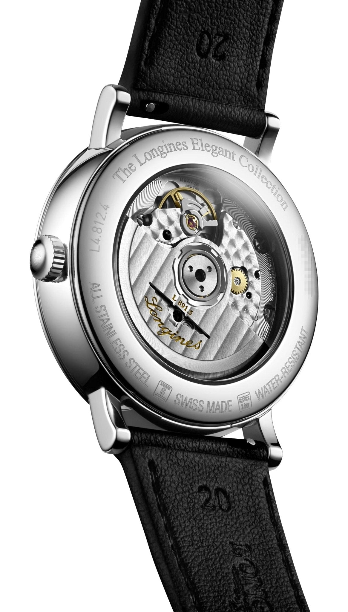 Longines Elegant Automatic Stainless Steel White Dial Black Leather Strap Date Unisex Watch L4.812.4.11.0