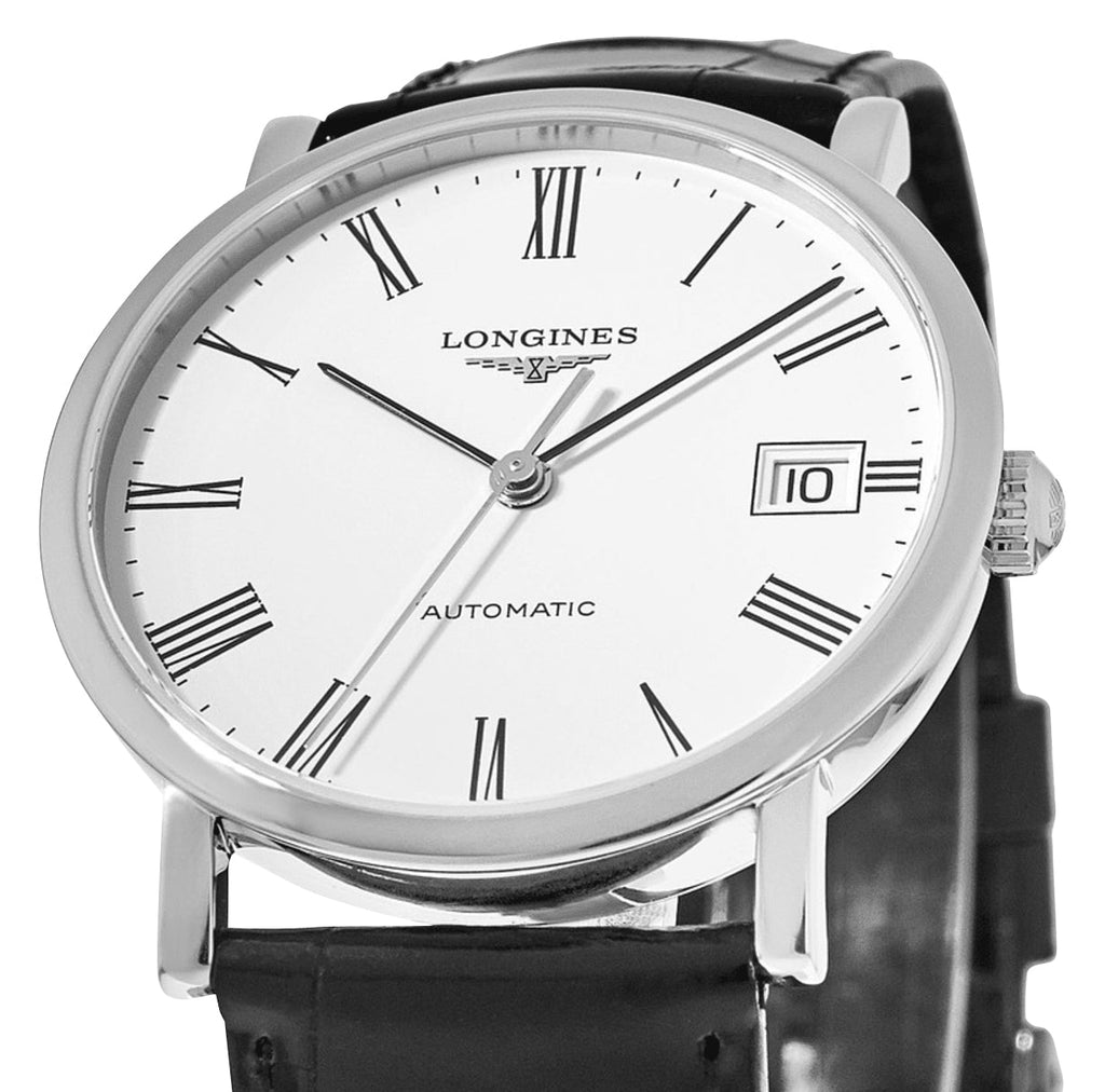 Longines Elegant Automatic Stainless Steel White Dial Black Leather Strap Date Womens Watch L4.809.4.11.2