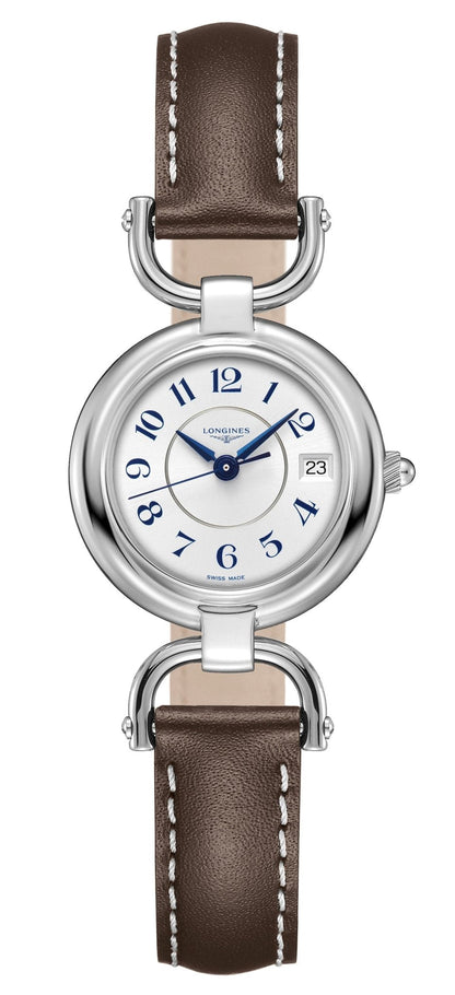 Longines Equestrian Stainless Steel Brown Leather Strap Silver-Tone Dial Date Quartz Womens Watch L6.130.4.73.2