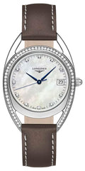 Longines Equestrian Stainless Steel Mother-Of-Pearl Dial Brown Leather Strap Diamonds Date Quartz Womens Watch L6.138.0.87.2