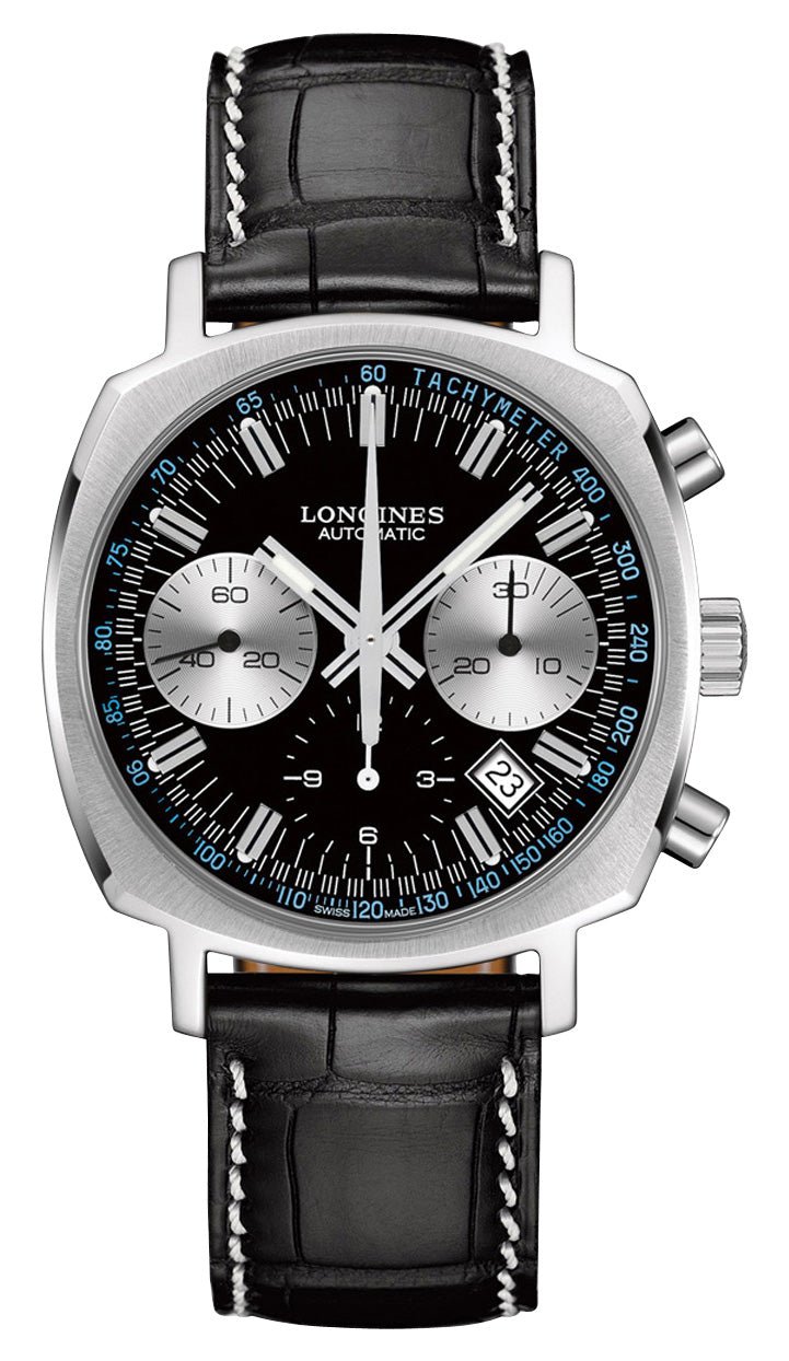 Longines Heritage 1973 Automatic Chronograph Stainless Steel Black Dial Black Leather Strap Date Mens Watch L2.791.4.52.0