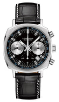 Longines Heritage 1973 Automatic Chronograph Stainless Steel Black Dial Black Leather Strap Date Mens Watch L2.791.4.52.0