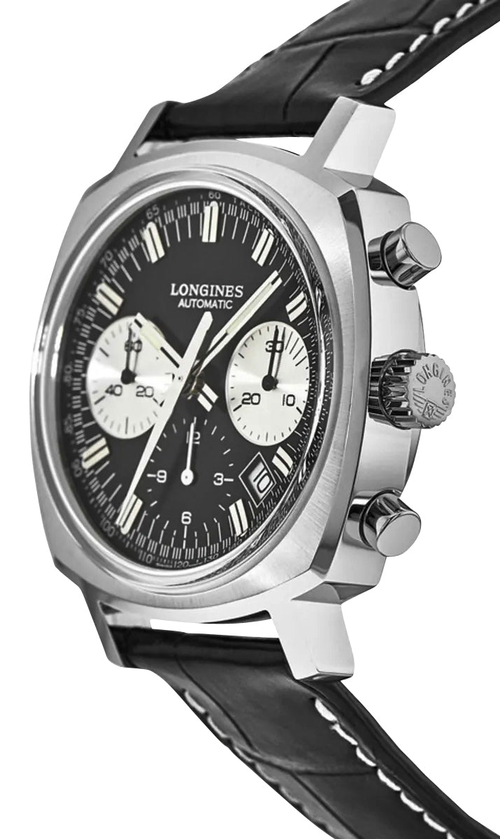 Longines Heritage 1973 Automatic Chronograph Stainless Steel Black Dial Black Leather Strap Date Mens Watch L2.791.4.52.0