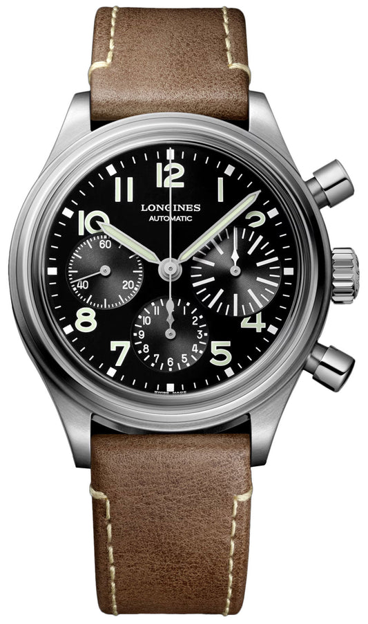 Longines Heritage Avigation BigEye Chronograph Black Dial Brown Leather Strap Mens Watch L2.816.4.53.2