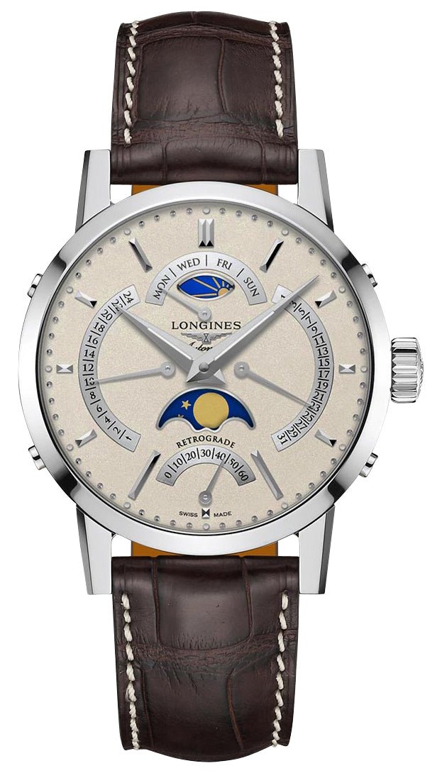 Longines Heritage Classic 1832 Automatic Stainless Steel Beige Dial Brown Leather Strap Retrograde Day/Date GMT Moonphase Mens Watch L4.828.4.92.2