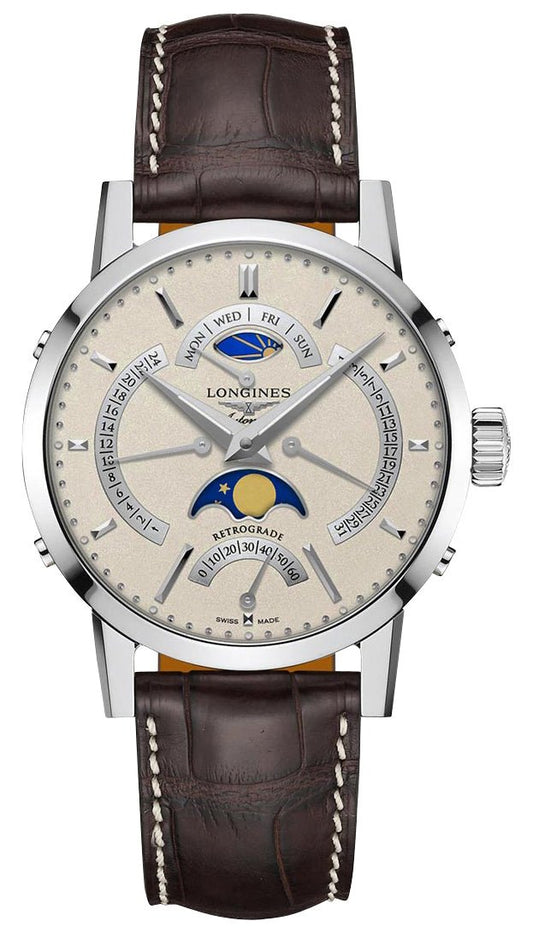 Longines Heritage Classic 1832 Automatic Stainless Steel Beige Dial Brown Leather Strap Retrograde Day/Date GMT Moonphase Mens Watch L4.828.4.92.2