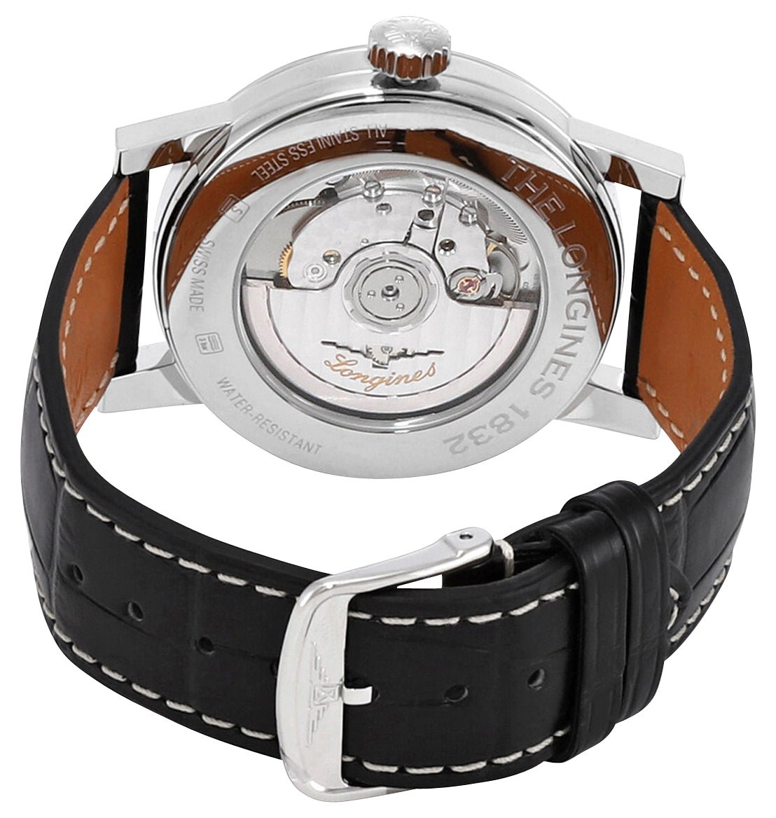 Longines Heritage Classic 1832 Automatic Stainless Steel Black Dial Black Leather Strap Date Moonphase Mens Watch L4.826.4.52.0
