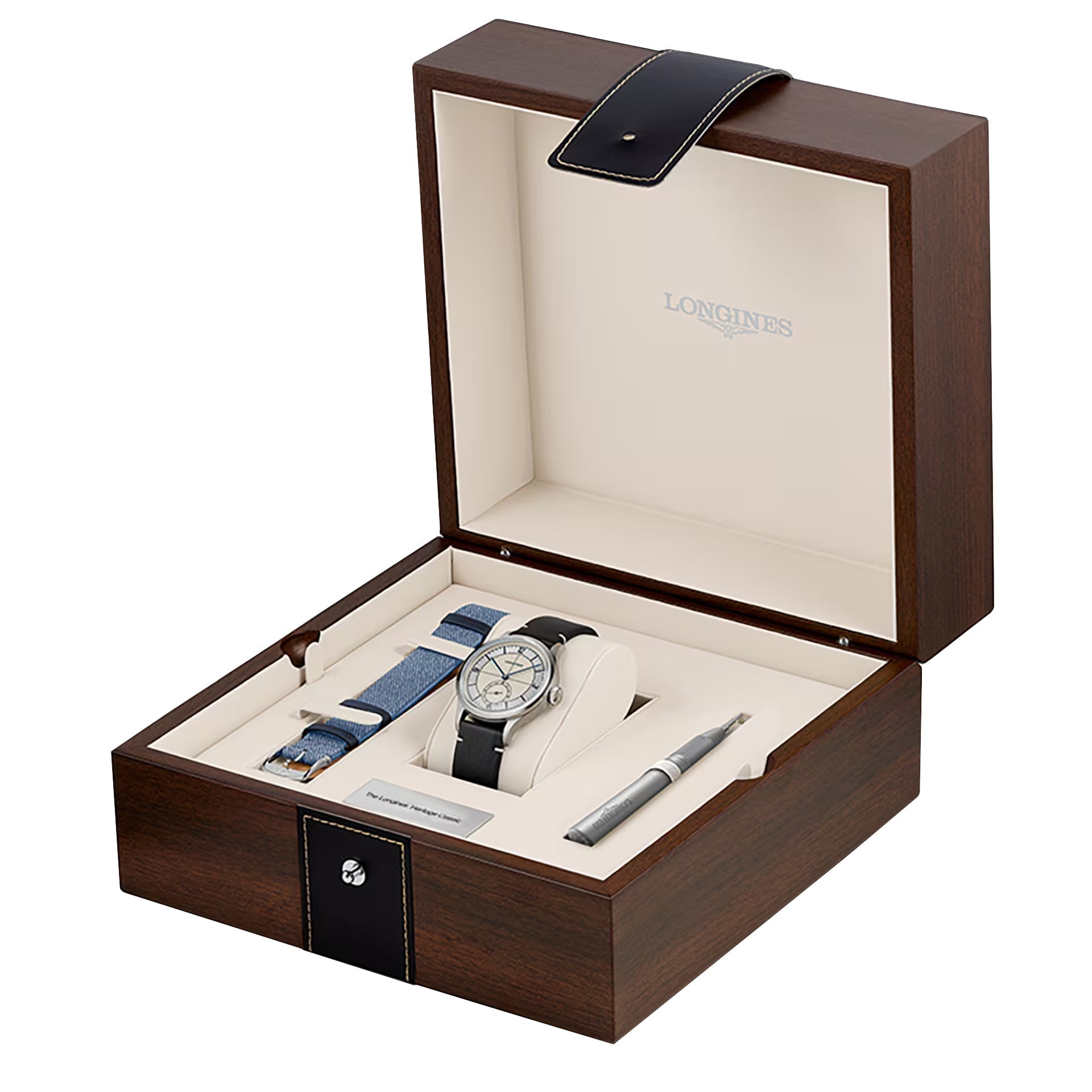 Longines Heritage Classic Automatic Stainless Steel Silver Dial Black/Blue Interchangeable Leather Strap Mens Watch L2.828.4.73.0