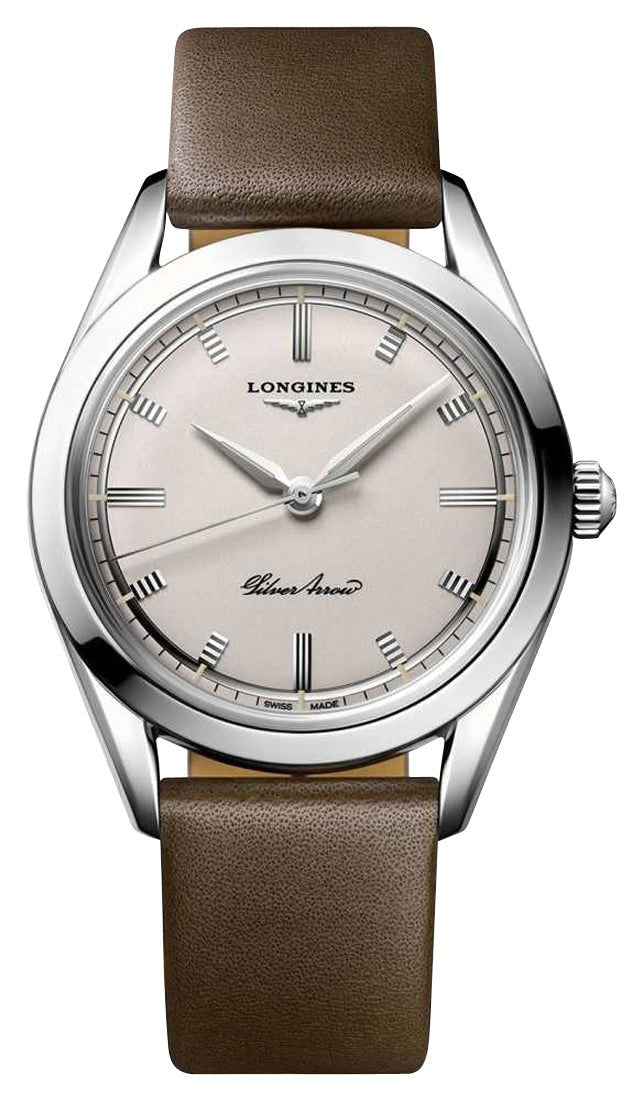 Longines Heritage Classic Silver Arrow Automatic Silver Dial Brown Leather Strap Mens Watch L2.834.4.72.2