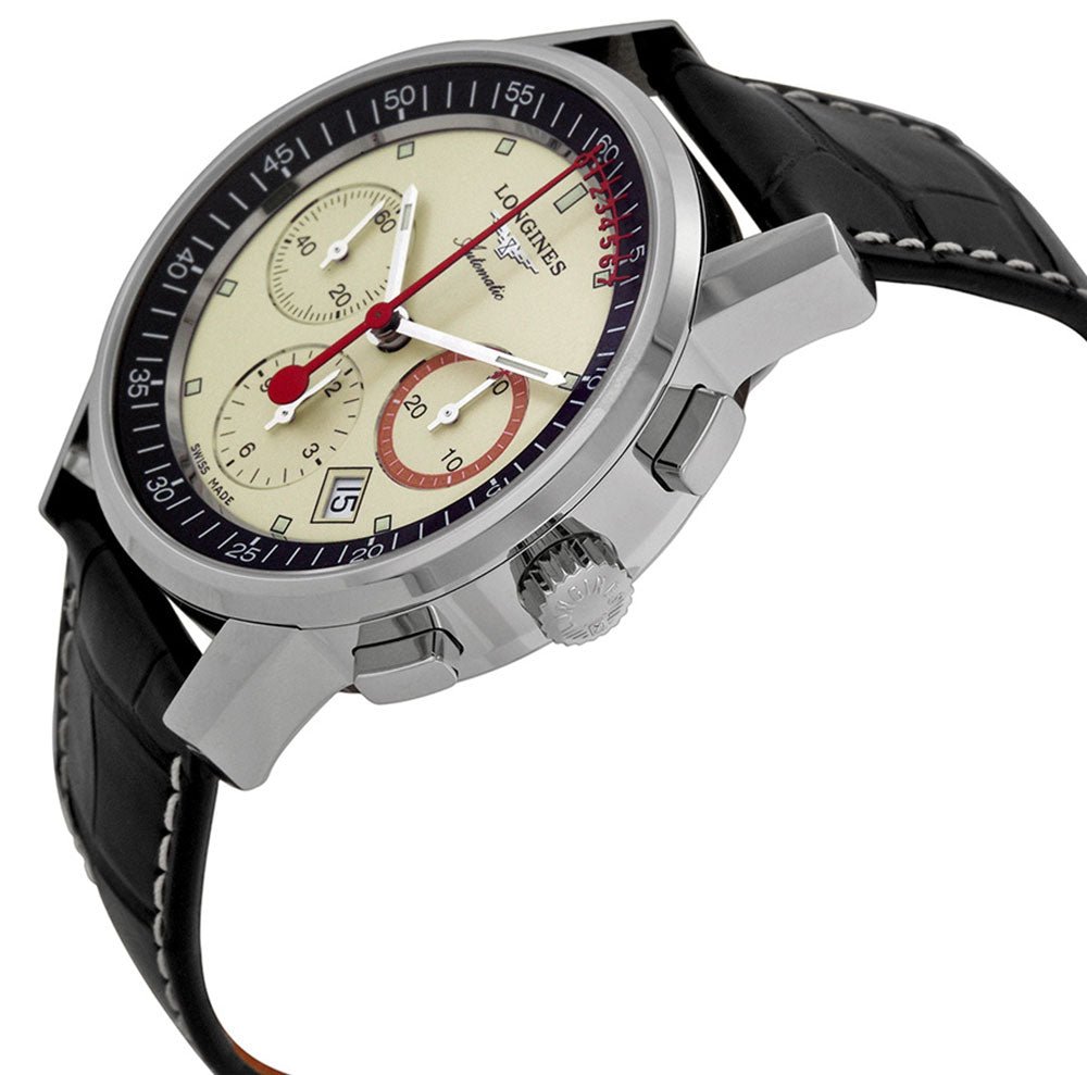 Longines Heritage Column Wheel Chronograph Record Automatic Beige Dial Black Leather Men's Watch L4.754.4.72.4
