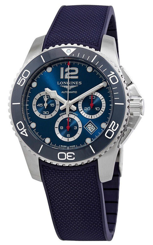 Longines HydroConquest Automatic Chronograph Stainless Steel Blue Dial Blue Rubber Strap Date Divers Mens Watch L3.883.4.96.9