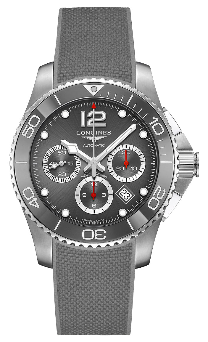Longines HydroConquest Automatic Chronograph Stainless Steel Gray Dial Gray Rubber Strap Date Divers Mens Watch L3.883.4.76.9