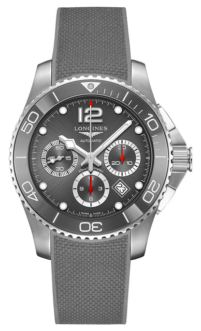 Longines HydroConquest Automatic Chronograph Stainless Steel Gray Dial Gray Rubber Strap Date Divers Mens Watch L3.883.4.76.9