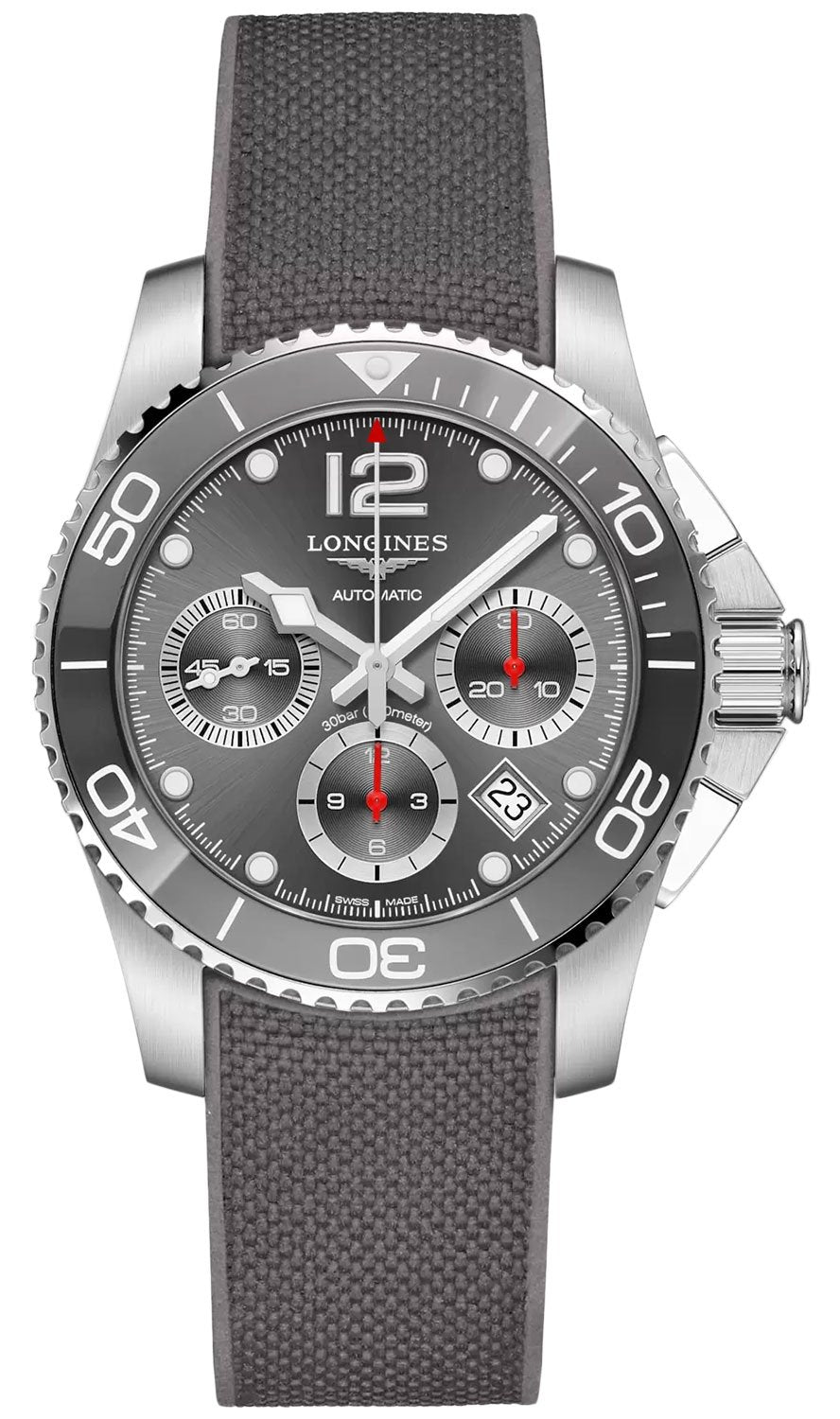 Longines HydroConquest Automatic Chronograph Stainless Steel Grey Rubber Strap Grey Dial Date Divers Mens Watch L3.783.4.76.9