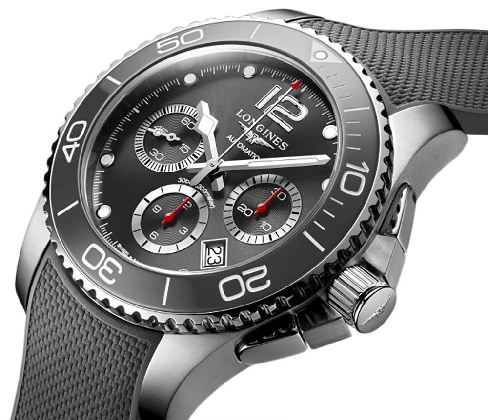 Longines HydroConquest Automatic Chronograph Stainless Steel Grey Rubber Strap Grey Dial Date Divers Mens Watch L3.783.4.76.9