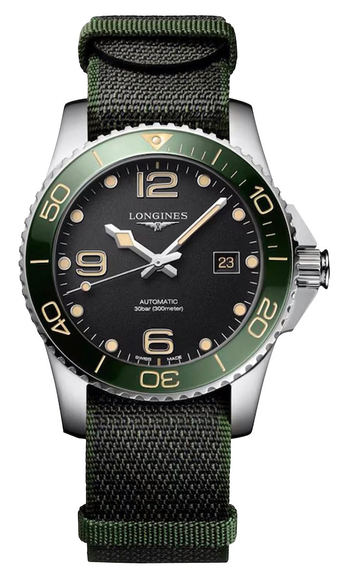 Longines HydroConquest Automatic Stainless Steel Black Dial Green NATO Nylon Strap Date Divers Mens Watch L3.781.4.05.2