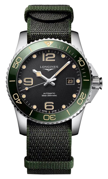 Longines HydroConquest Automatic Stainless Steel Black Dial Green NATO Nylon Strap Date Divers Mens Watch L3.781.4.05.2