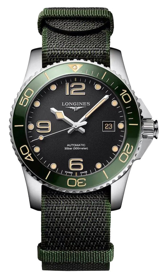 Longines HydroConquest Automatic Stainless Steel Black Dial Green NATO Nylon Strap Date Divers Mens Watch L3.781.4.05.2