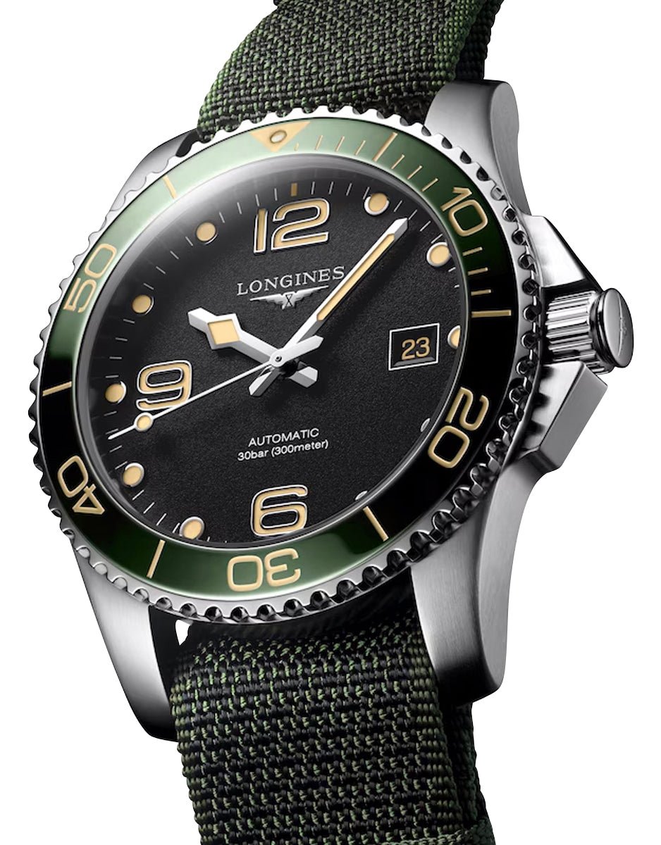 Longines HydroConquest Automatic Stainless Steel Black Dial Green NATO Nylon Strap Date Divers Mens Watch L3.781.4.05.2