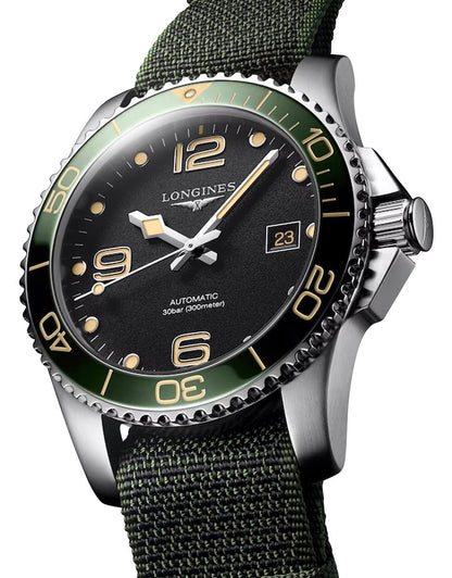 Longines HydroConquest Automatic Stainless Steel Black Dial Green NATO Nylon Strap Date Divers Mens Watch L3.781.4.05.2