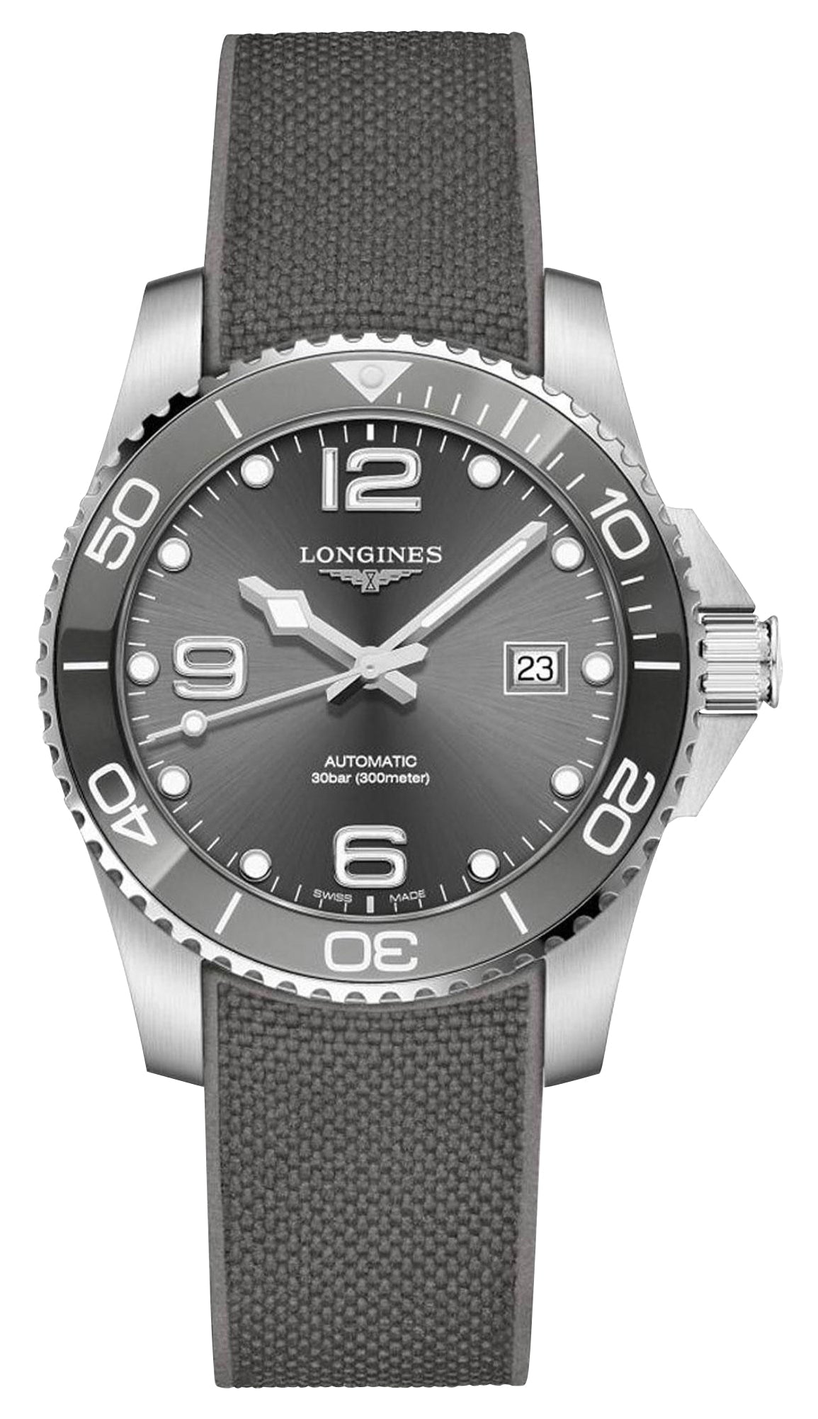Longines HydroConquest Automatic Stainless Steel Gray Dial Gray Rubber Strap Date Divers Mens Watch L3.781.4.76.9