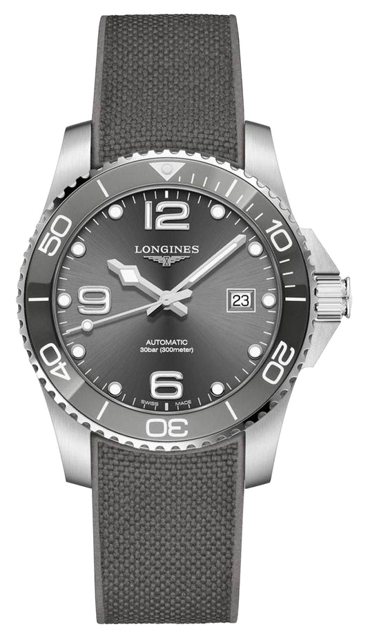 Longines HydroConquest Automatic Stainless Steel Gray Dial Gray Rubber Strap Date Divers Mens Watch L3.781.4.76.9