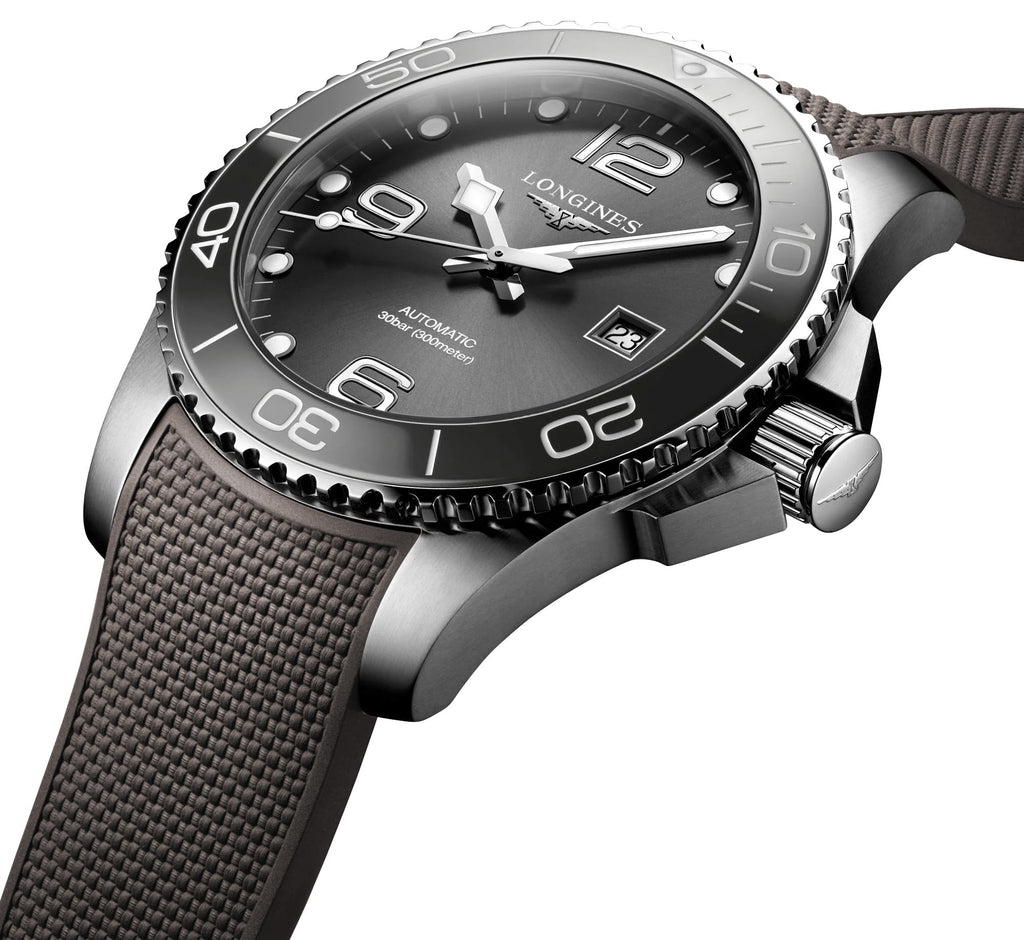 Longines HydroConquest Automatic Stainless Steel Gray Dial Gray Rubber Strap Date Divers Mens Watch L3.782.4.76.9