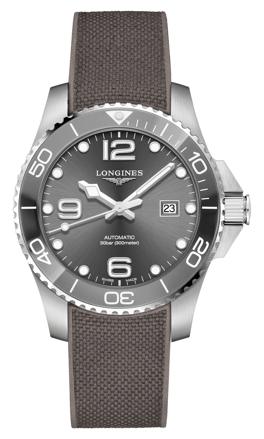 Longines HydroConquest Automatic Stainless Steel Gray Dial Gray Rubber Strap Date Divers Mens Watch L3.782.4.76.9