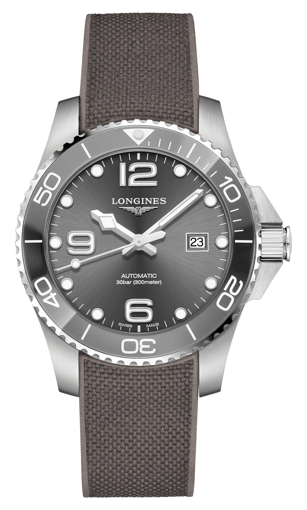 Longines HydroConquest Automatic Stainless Steel Gray Dial Gray Rubber Strap Date Divers Mens Watch L3.782.4.76.9