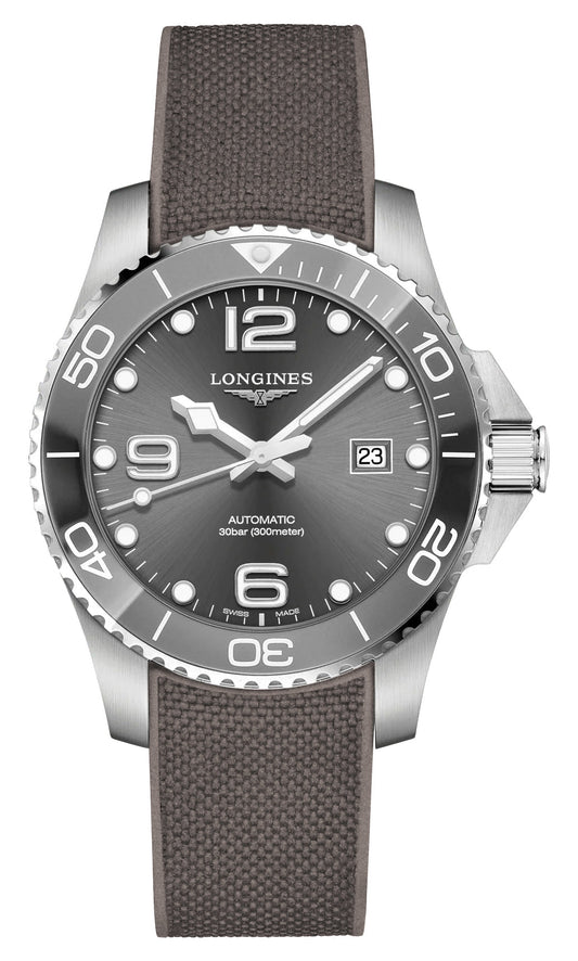 Longines HydroConquest Automatic Stainless Steel Gray Dial Gray Rubber Strap Date Divers Mens Watch L3.782.4.76.9