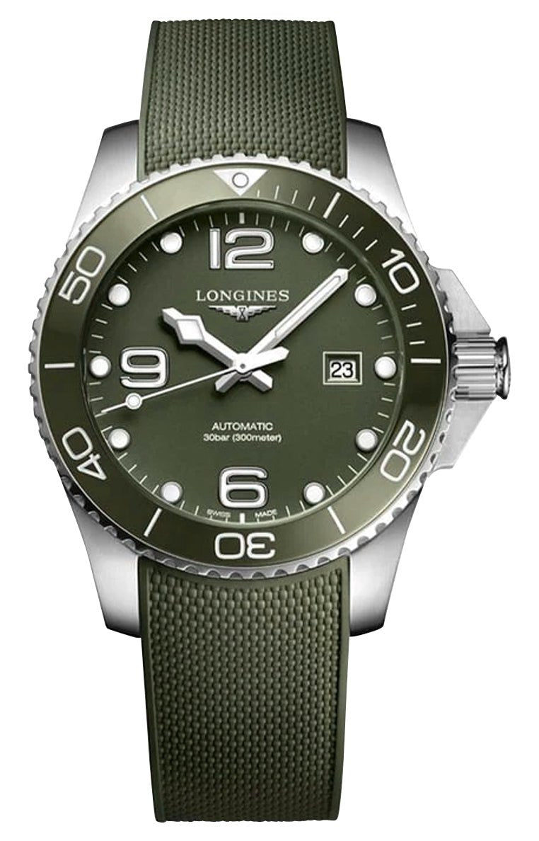 Longines HydroConquest Automatic Stainless Steel Green Dial Green Rubber Strap Date Divers Mens Watch L3.782.4.06.9